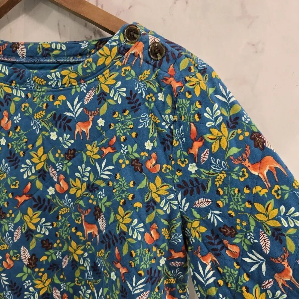 Talbots Pullover Womens Large Woodland Ditsy Quilted Sweatshirt Fox Deer Acorn - Picture 11 of 12